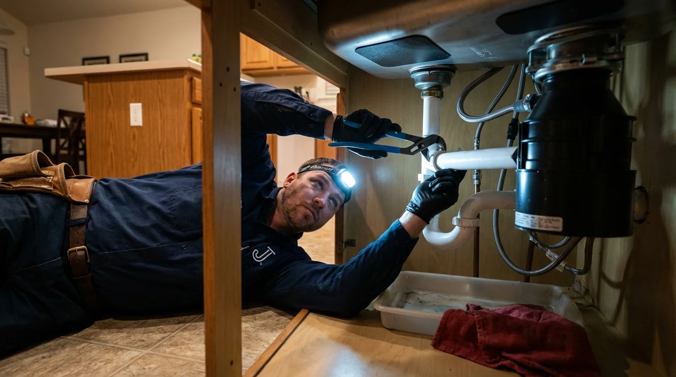 P-trap and supply line connections under a kitchen sink showing a common leak point in Arco, ID